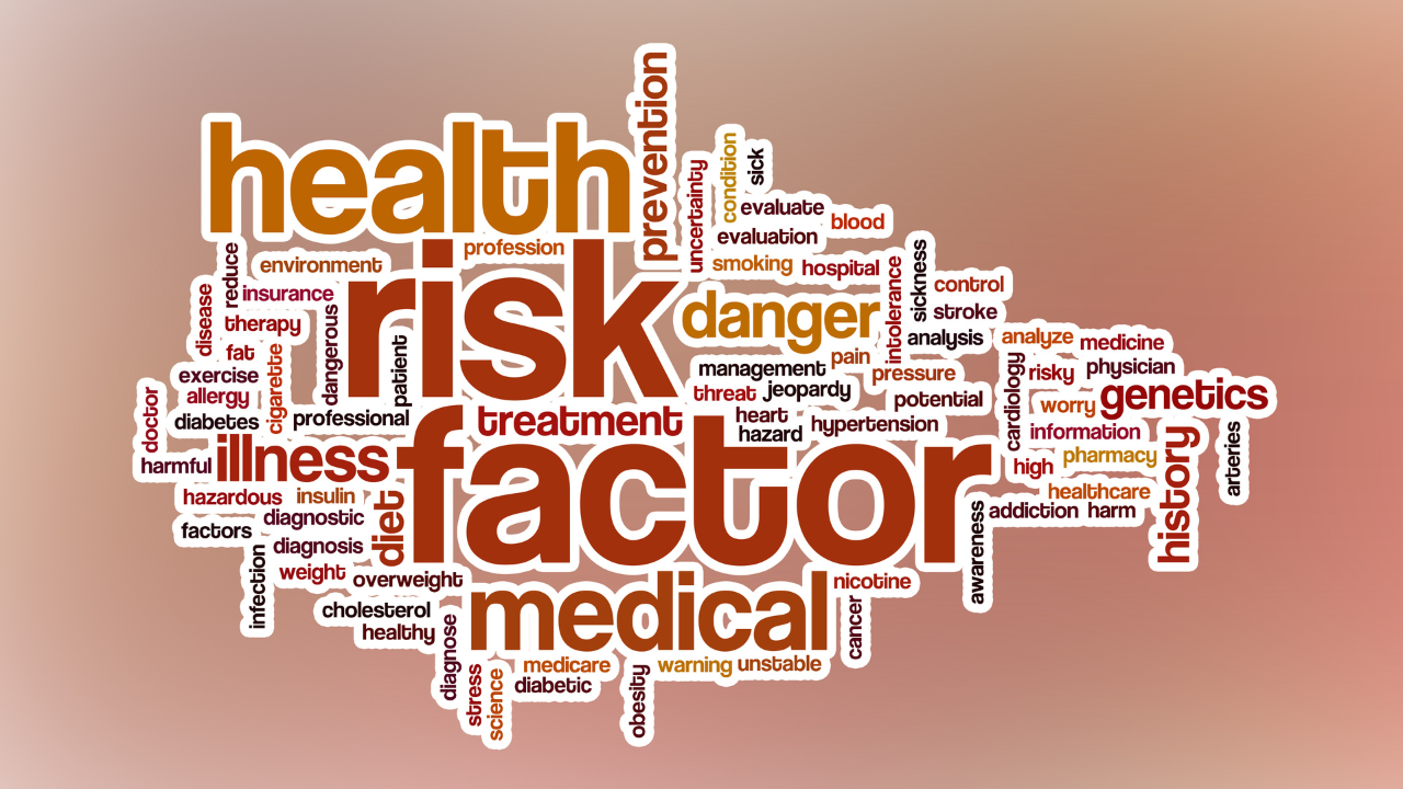 A word cloud with health-related terms. Prominent words include "risk," "factor," "medical," "health," "danger," and "treatment," among others. The background is a gradient of red and beige.