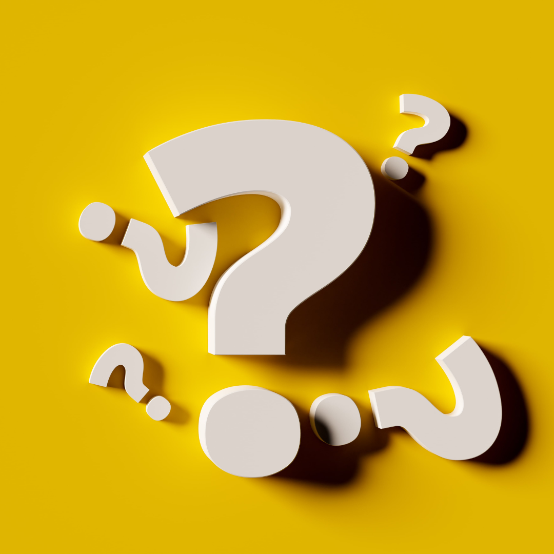 Three large white question marks arranged on a bright yellow background, casting shadows.