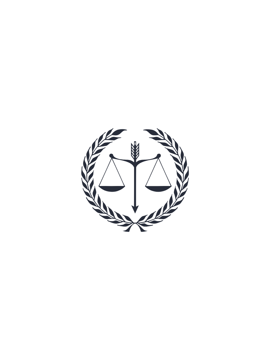 Illustration of scales of justice balanced on an arrow, encircled by a laurel wreath.